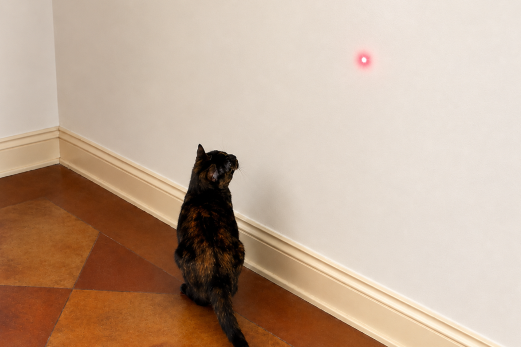tortie cat watches laser point on wall