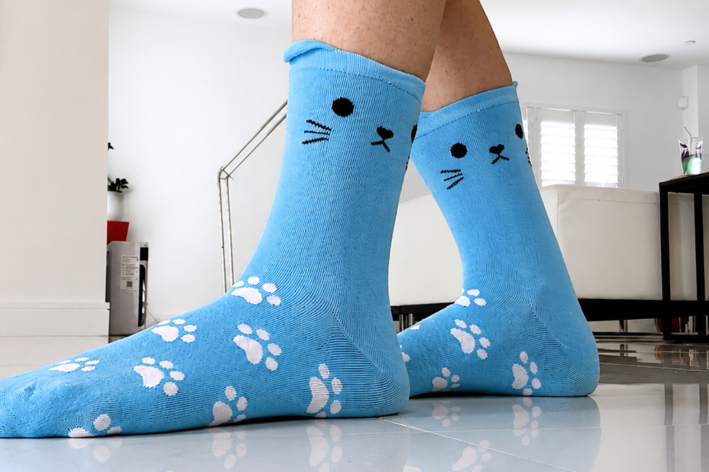 a sky blue pair of at socks on a woman's feet