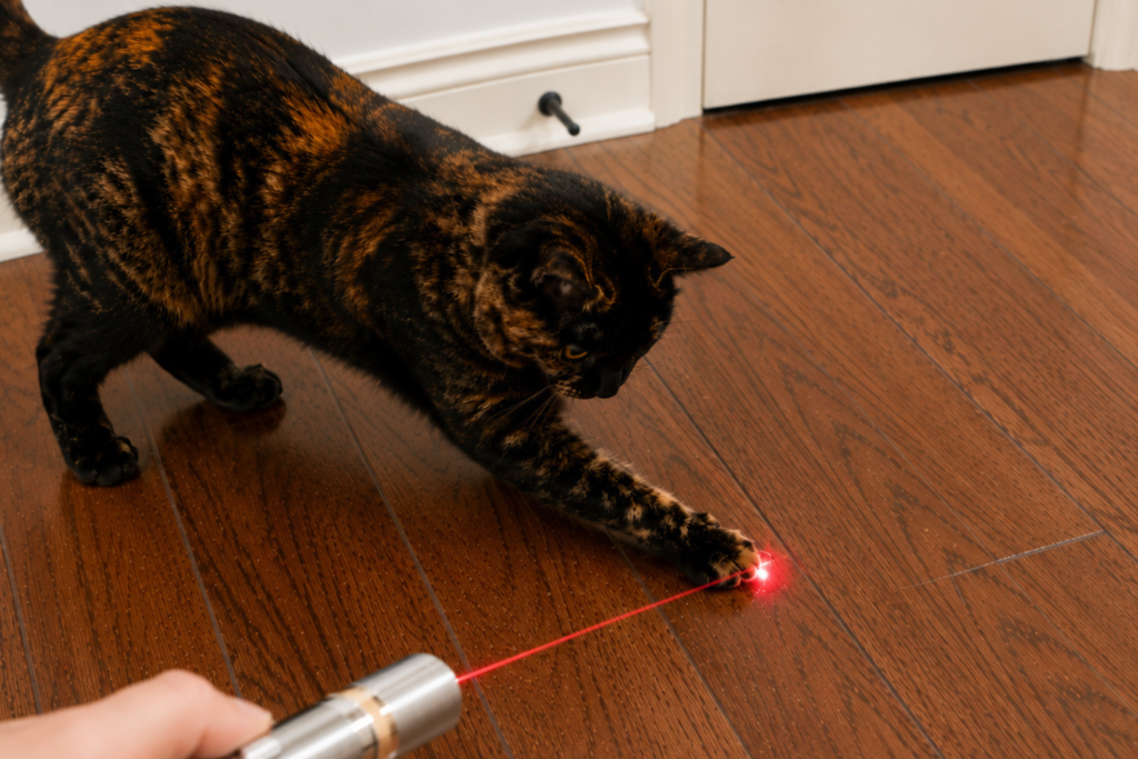 cat plays with laser point on floor