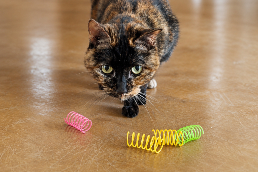 tortie cat eyes the Andiker spring toys