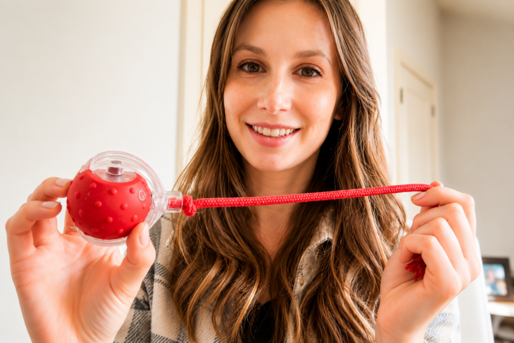 Young woman shows the Giociv interactive cat ball toy