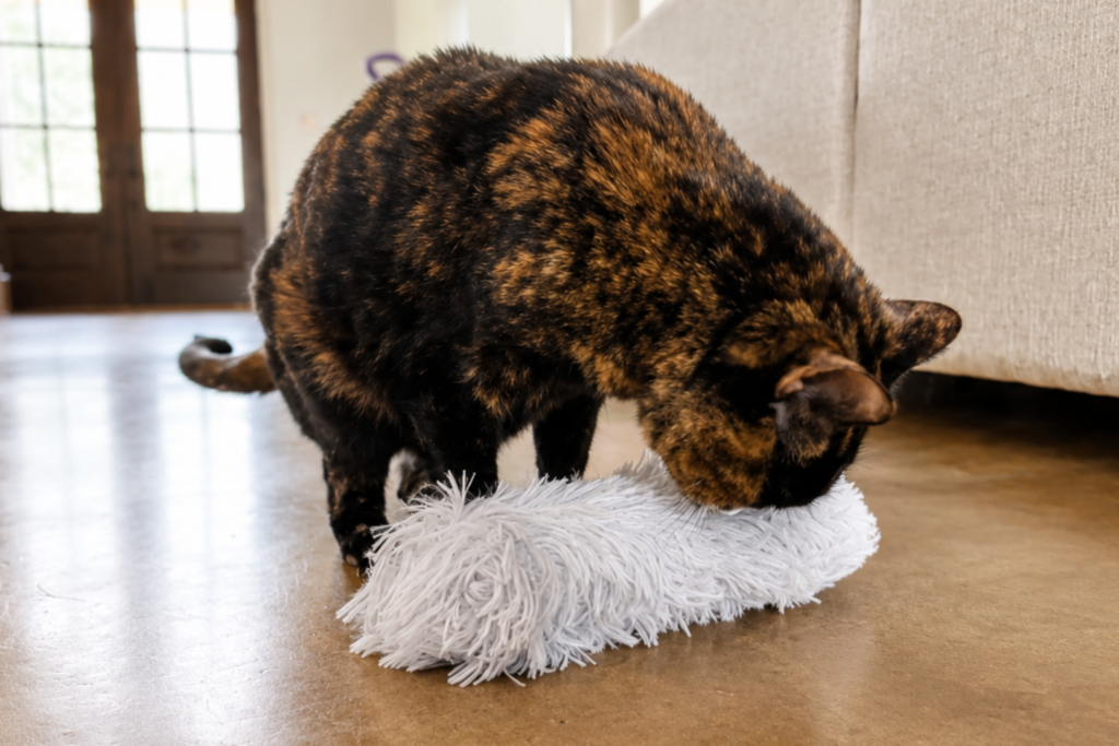 Torti Cat plays with the Potaroma plush cat toy 