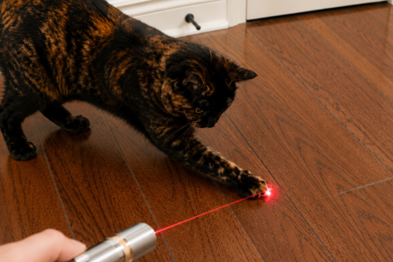 Tortie cat plays with a laser pointer cat toy