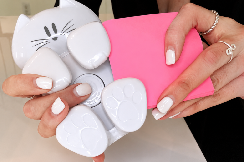 Sliding the Post-it notes into the cat-themed dispenser